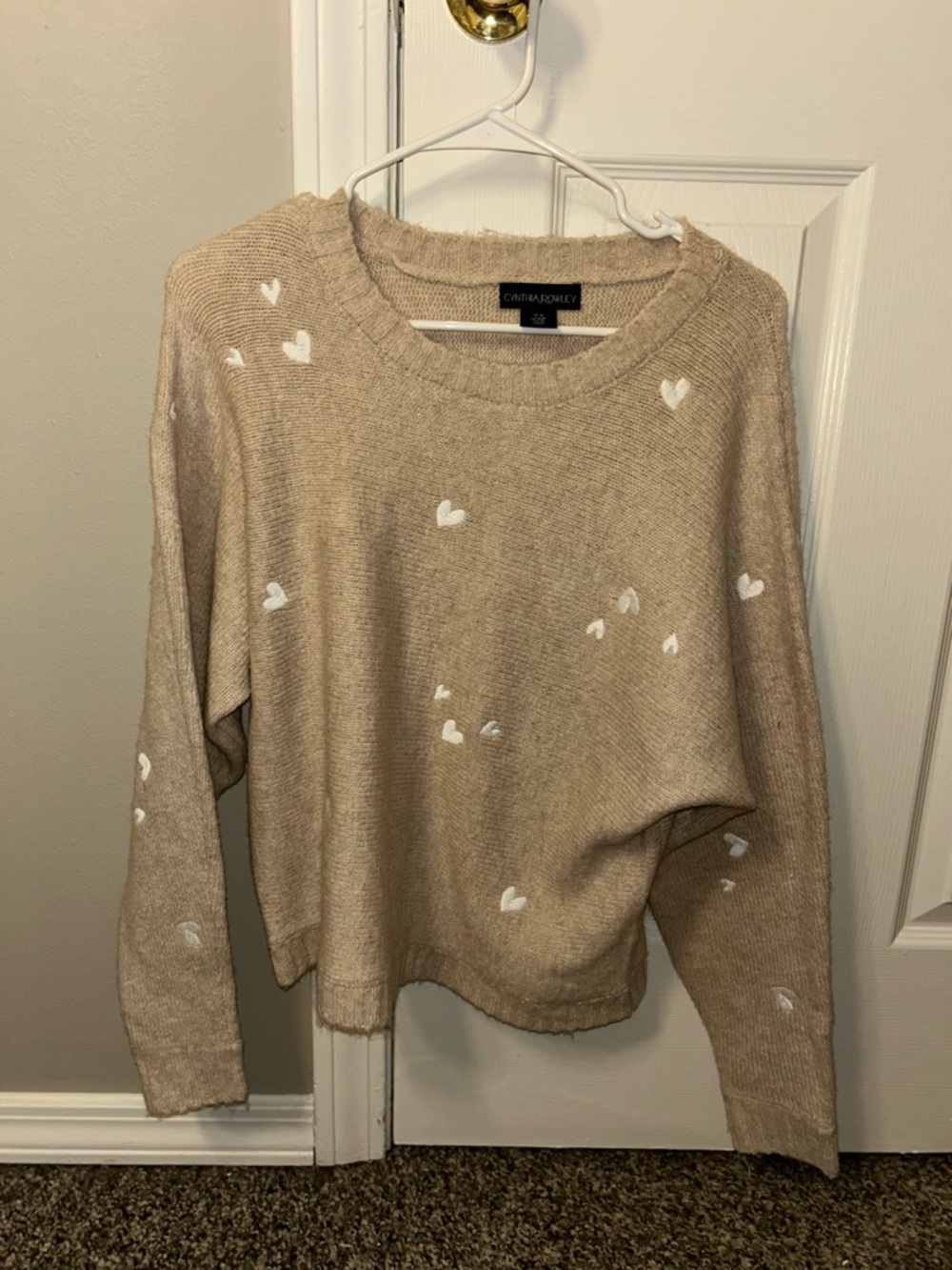 Cynthia Rowley Beige Knit Sweater with White Embroidered Hearts - Size M
